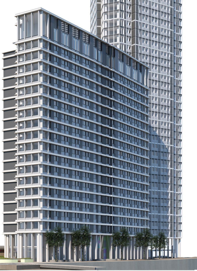 Illustrative view of building F as consented by OPDC in 2023 vs proposed. 